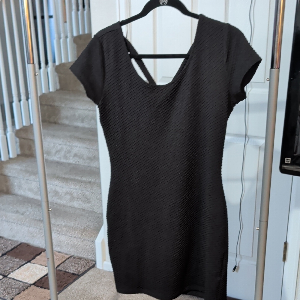 Divided Black Textured Cap-Sleeve Mini Dress